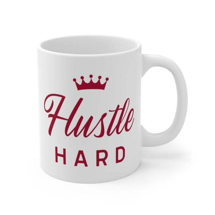 Crown Gift Hustle Mug: white, dark red motivational text design, minimal graphic style