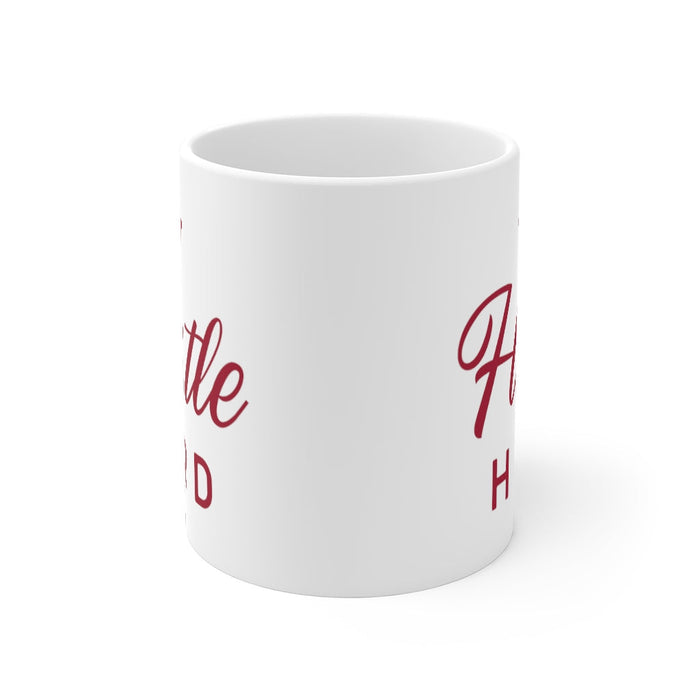 Crown Gift Hustle Mug: white, dark red motivational text design, minimal graphic style