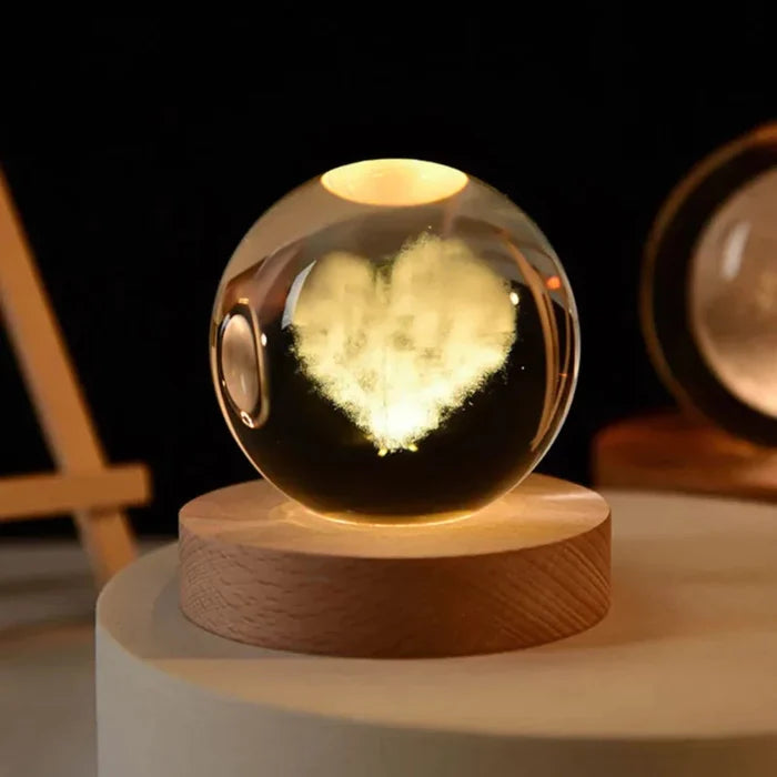 Crystal Ball Engraved with 3D Laser Technology: clear, gold Saturn planet, minimal celestial decor style