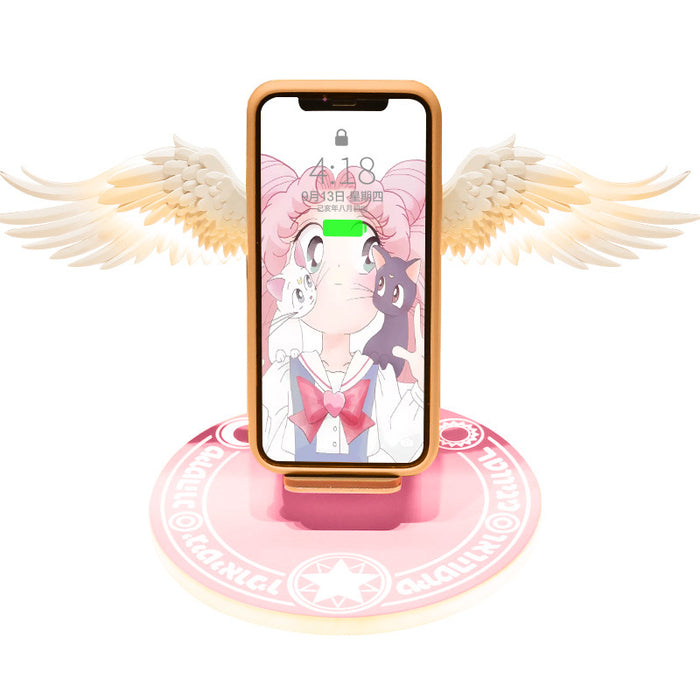 Cupid Angel Wings Wireless Charger with Safe Fast Charging: warm white, gold anime magical-girl characters and wing motif, ka