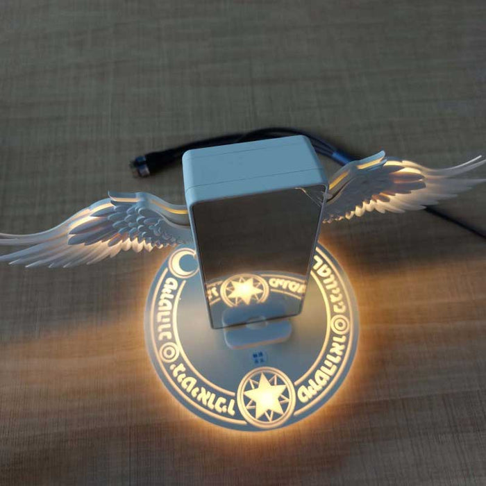Cupid Angel Wings Wireless Charger with Safe Fast Charging: warm white, gold anime magical-girl characters and wing motif, ka