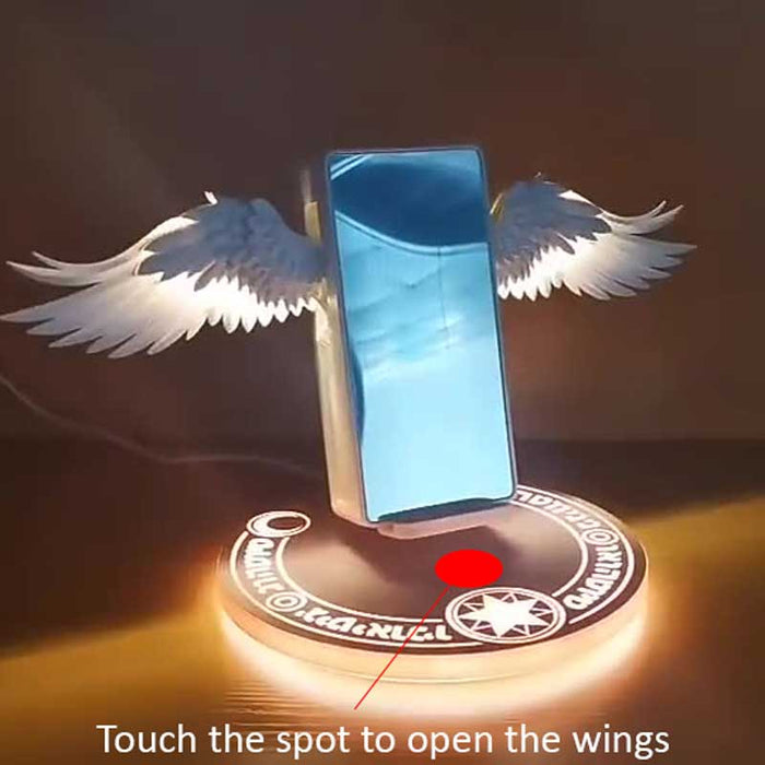 Cupid Angel Wings Wireless Charger with Safe Fast Charging: warm white, gold anime magical-girl characters and wing motif, ka