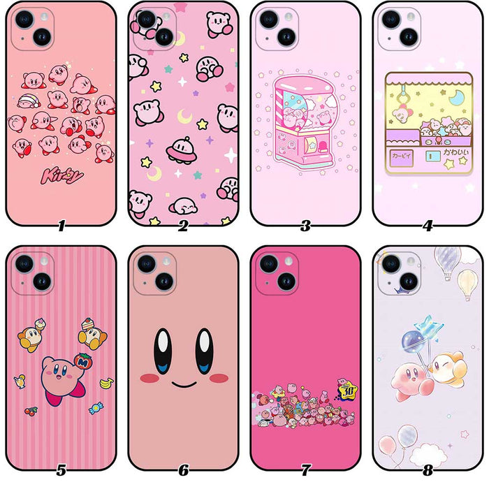 Custom Phone Cases for Various Models: pink, light pink Kirby character, kawaii cartoon style