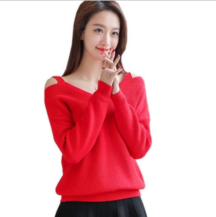 Cut V-Neck Sweater for Women: red off-shoulder sweater, minimal style