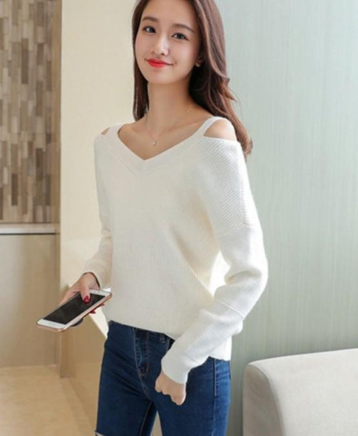 Cut V-Neck Sweater for Women: red off-shoulder sweater, minimal style