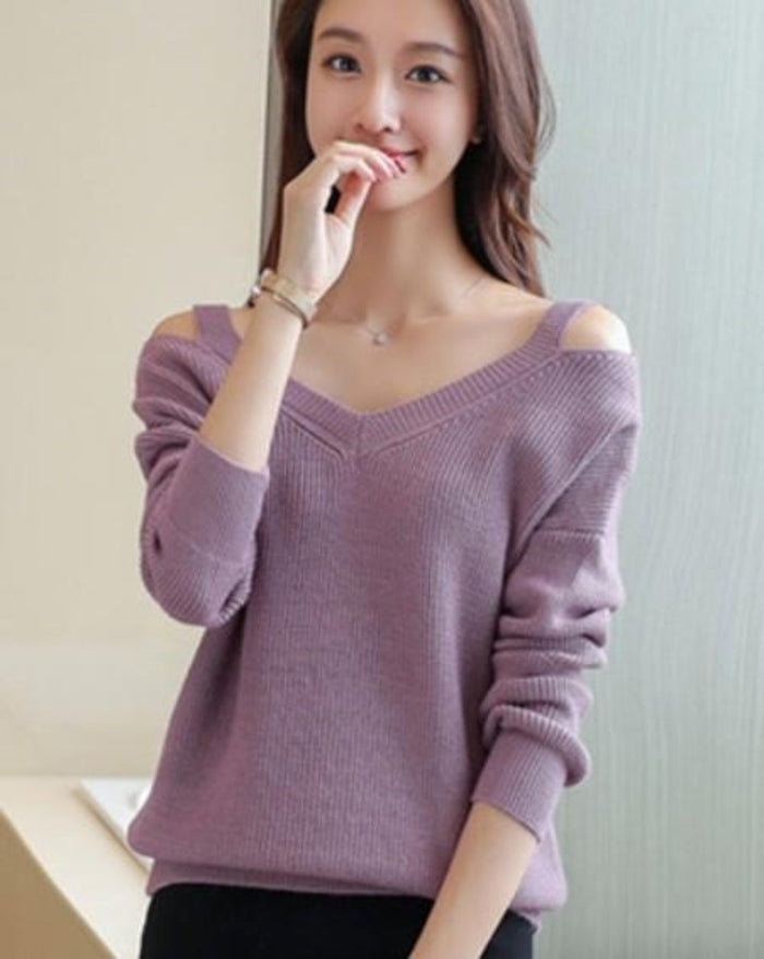 Cut V-Neck Sweater for Women: red off-shoulder sweater, minimal style