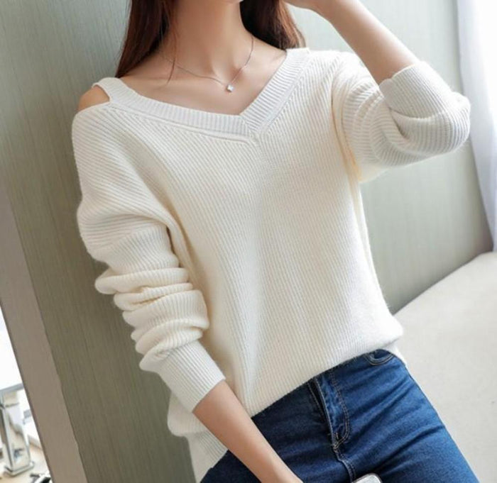 Cut V-Neck Sweater for Women: red off-shoulder sweater, minimal style