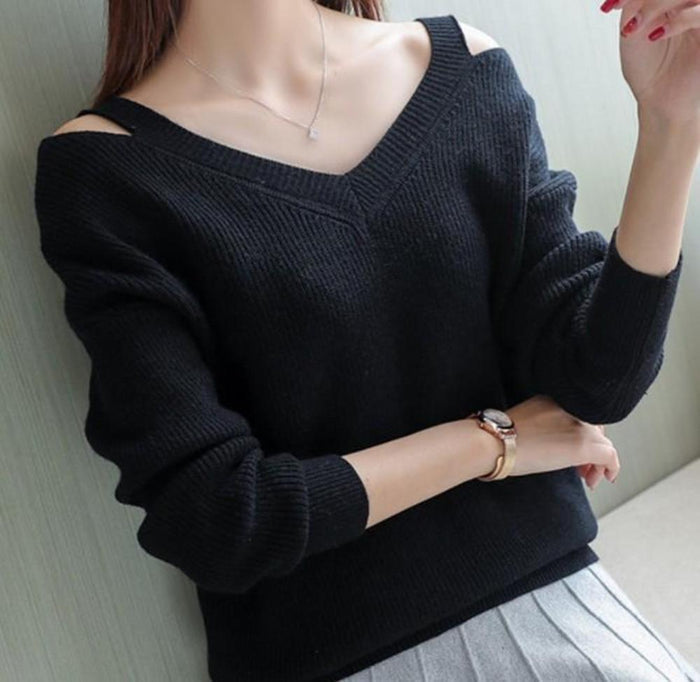 Cut V-Neck Sweater for Women: red off-shoulder sweater, minimal style