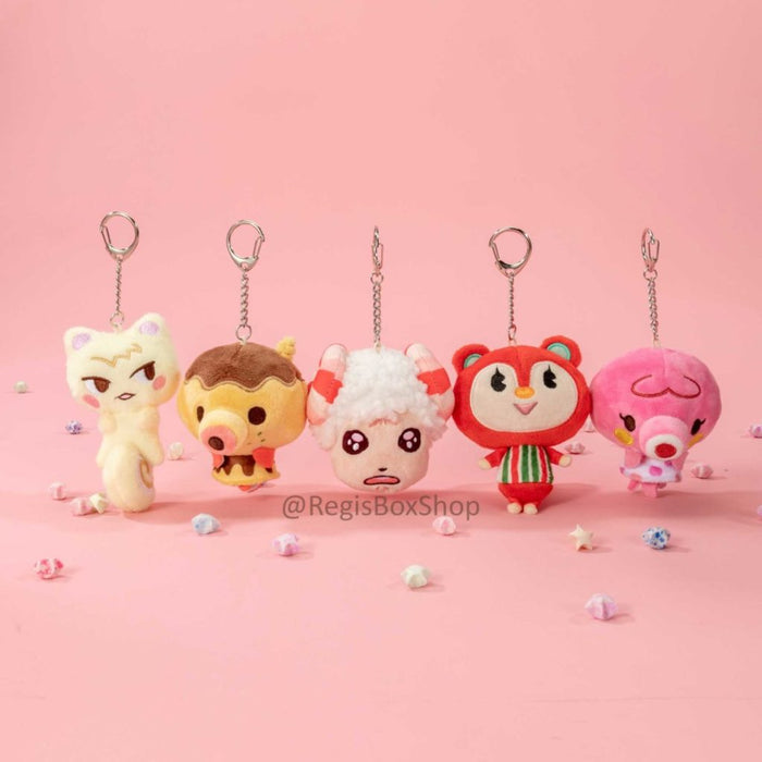 Cute ACNH Plush Keychains Collection: pink, red cartoon animal/character figures, kawaii cartoon style