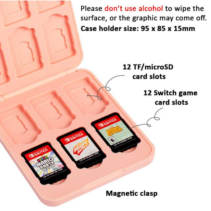 Cute and Protective Switch Game Case: light pink, dark blue cartoon cat character, kawaii cartoon style