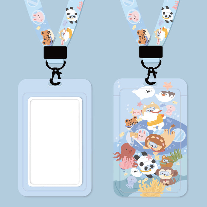 Cute Animal Lanyard with Charm: teal, black cartoon cats in astronaut/space theme, kawaii cartoon style