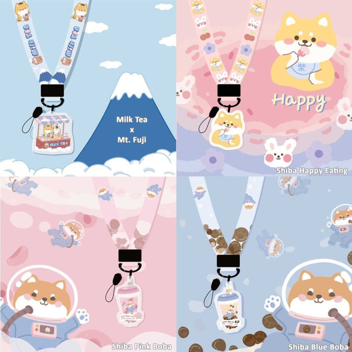 Cute Animal Lanyard with Charm: teal, black cartoon cats in astronaut/space theme, kawaii cartoon style