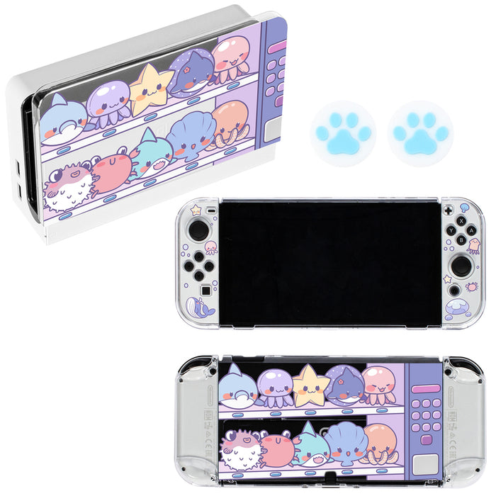 Cute Animal Nintendo Switch OLED Set: clear, purple cartoon sea animals and star character, kawaii cartoon style