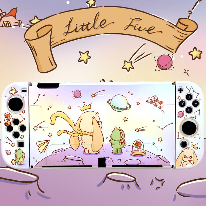 Cute Animal Switch OLED Cover Case: white, pastel purple cartoon creatures and space theme, kawaii cartoon style