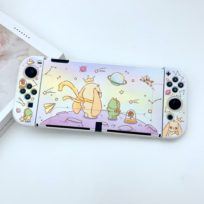 Cute Animal Switch OLED Cover Case: white, pastel purple cartoon creatures and space theme, kawaii cartoon style