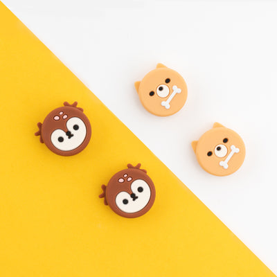 Cute Animal Switch Thumb Grips Set: teal, dark blue shark and dinosaur characters, cute cartoon kawaii style