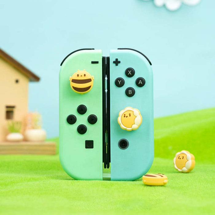 Cute Bee & Sunflower Joystick Caps: light blue, white cartoon animal face character, kawaii cartoon style