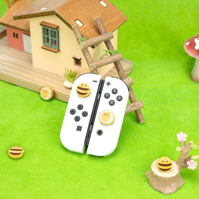 Cute Bee & Sunflower Joystick Caps: light blue, white cartoon animal face character, kawaii cartoon style