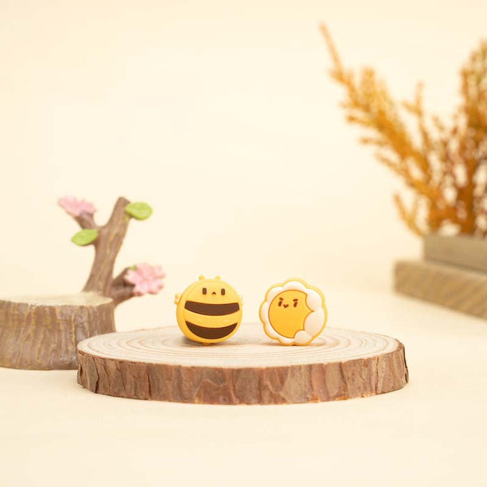 Cute Bee & Sunflower Joystick Caps: light blue, white cartoon animal face character, kawaii cartoon style