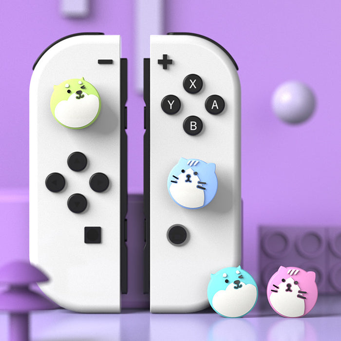 Cute Cat and Dog Switch Thumb Grips: white, black cute cat characters, kawaii cartoon style