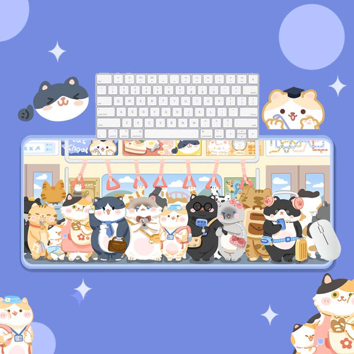 Cute Cat Gaming Mouse Mat: white, light blue cartoon cats on a train-themed illustration, kawaii cartoon style