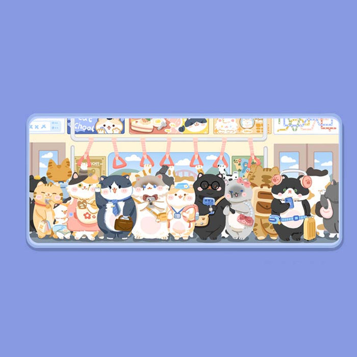 Cute Cat Gaming Mouse Mat: white, light blue cartoon cats on a train-themed illustration, kawaii cartoon style