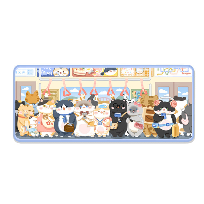 Cute Cat Gaming Mouse Mat: white, light blue cartoon cats on a train-themed illustration, kawaii cartoon style