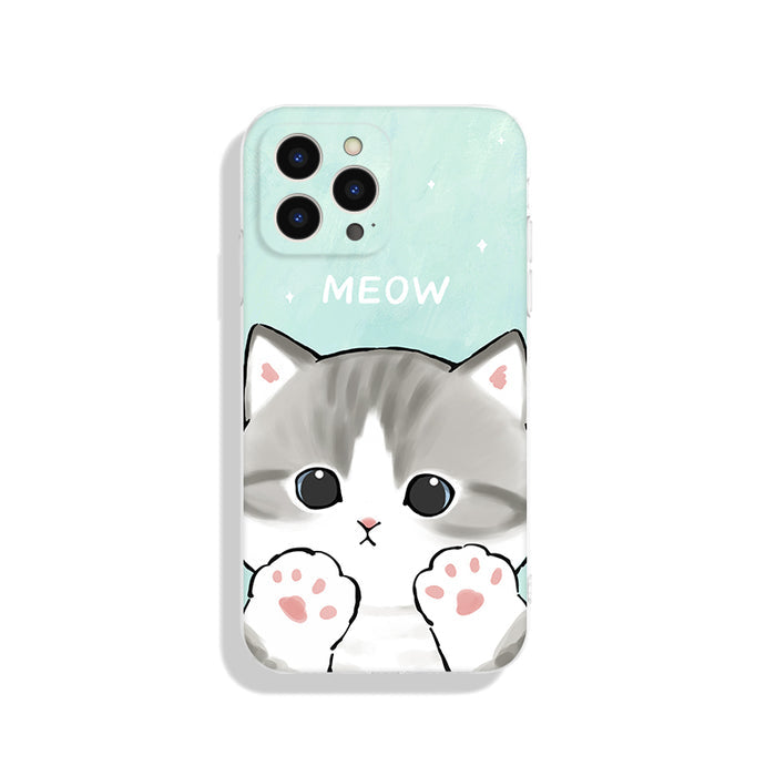 Cute Cat iPhone Cases with Protection: mint green, white cartoon cat, kawaii cartoon style