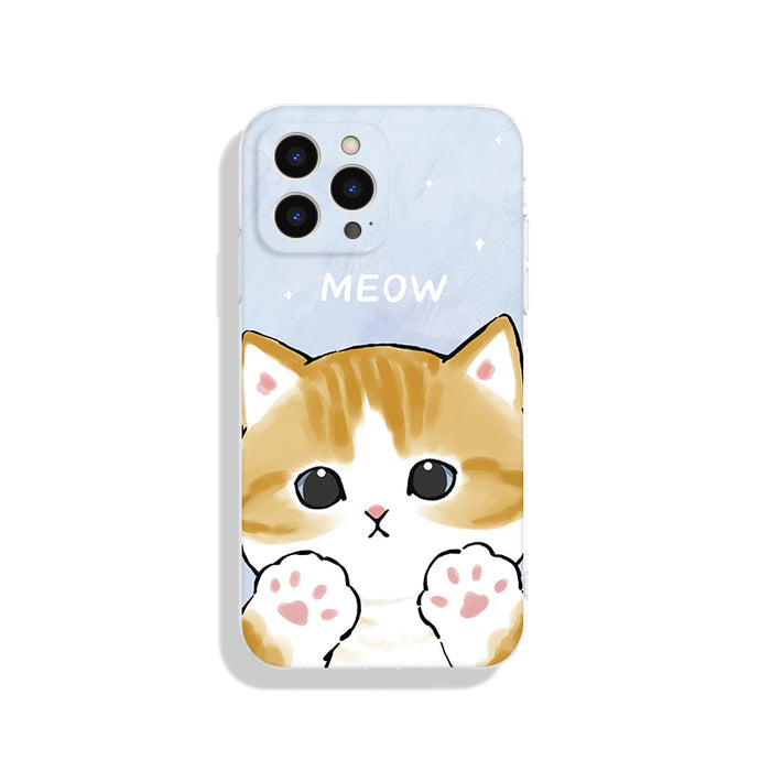 Cute Cat iPhone Cases with Protection: mint green, white cartoon cat, kawaii cartoon style