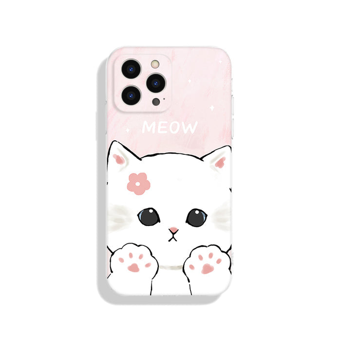 Cute Cat iPhone Cases with Protection: mint green, white cartoon cat, kawaii cartoon style