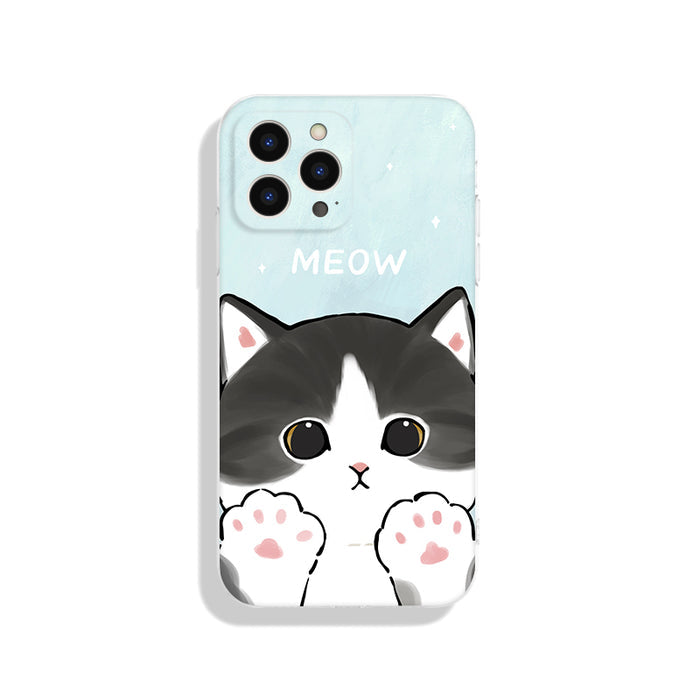 Cute Cat iPhone Cases with Protection: mint green, white cartoon cat, kawaii cartoon style