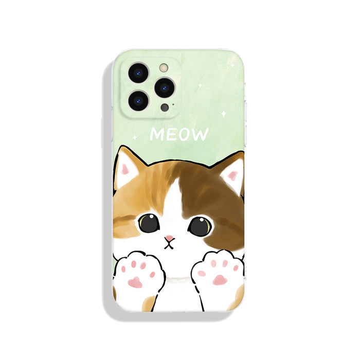 Cute Cat iPhone Cases with Protection: mint green, white cartoon cat, kawaii cartoon style