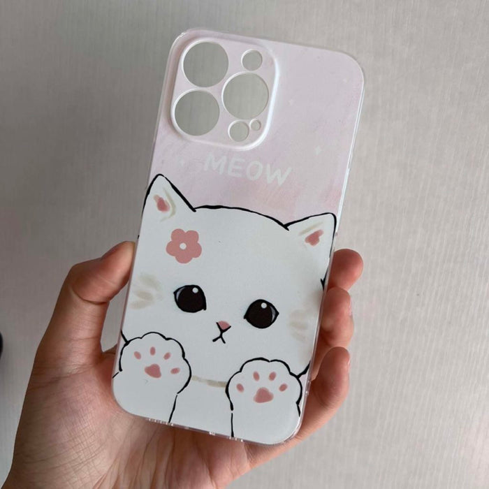 Cute Cat iPhone Cases with Protection: mint green, white cartoon cat, kawaii cartoon style