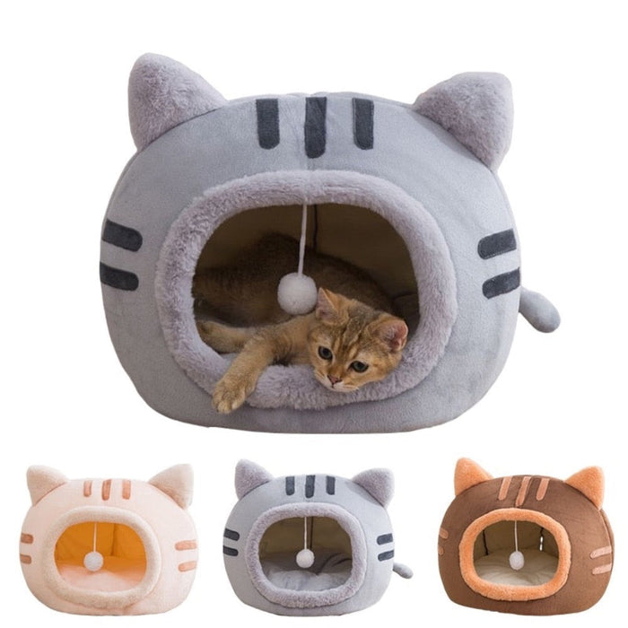 Cute Feline Head Pet Bed: gray, dark gray cat, kawaii cartoon style