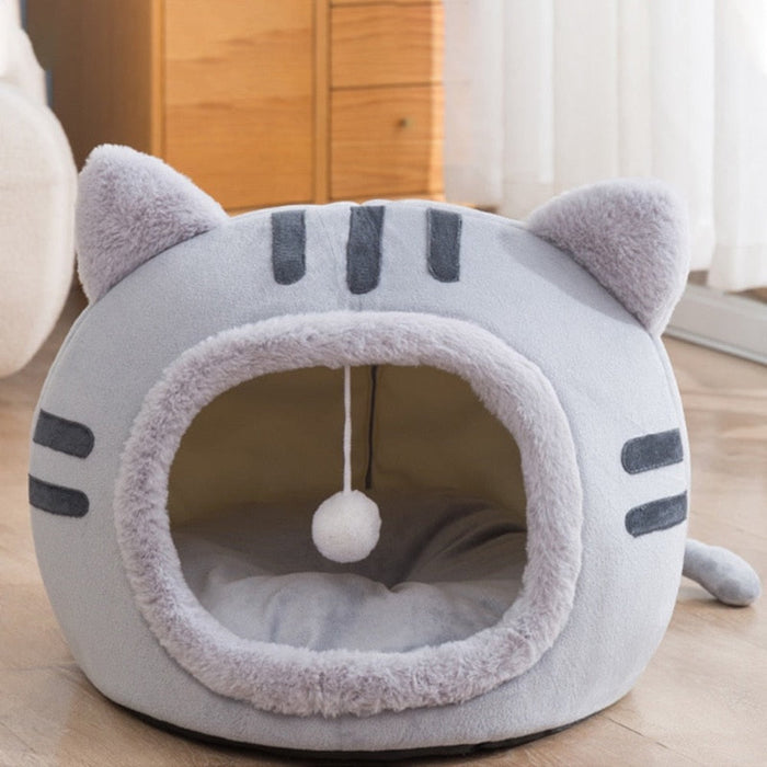 Cute Feline Head Pet Bed: gray, dark gray cat, kawaii cartoon style