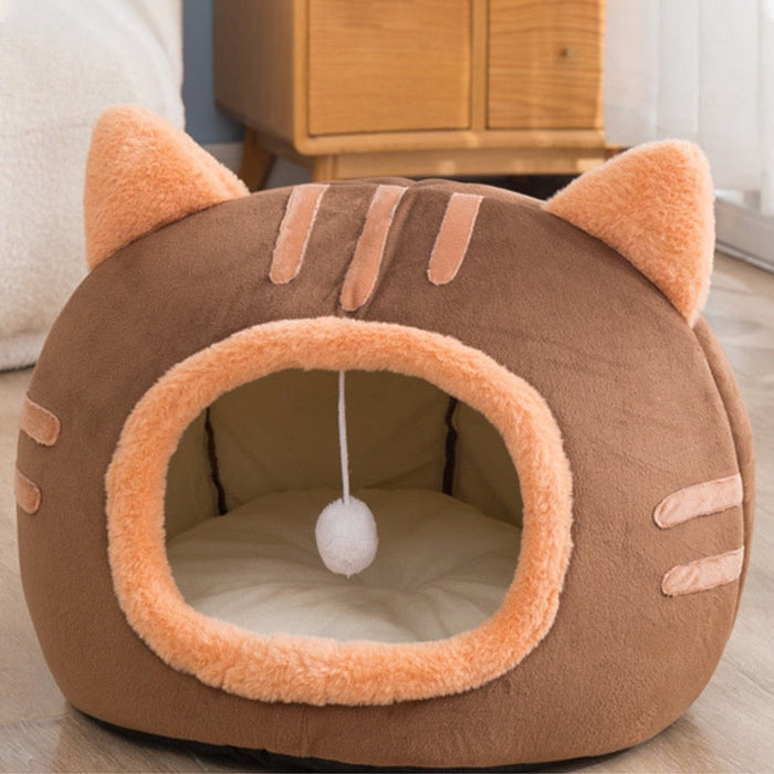 Cute Feline Head Pet Bed: gray, dark gray cat, kawaii cartoon style
