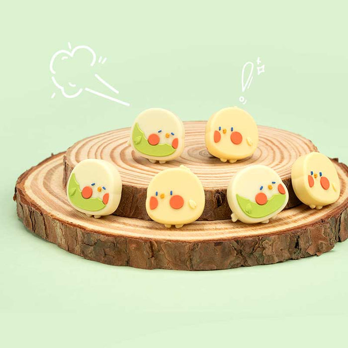Cute gaming cat Switch joystick caps: mint green, light blue yellow chick character, kawaii cartoon style