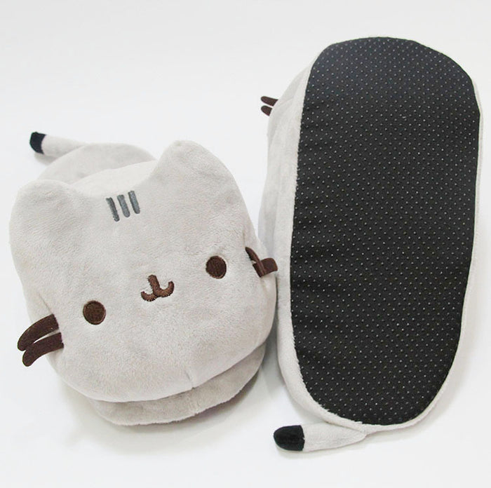 Cute Gray Cat Slippers, Ultimate Comfort!: light gray, dark brown cartoon cat, kawaii cartoon style
