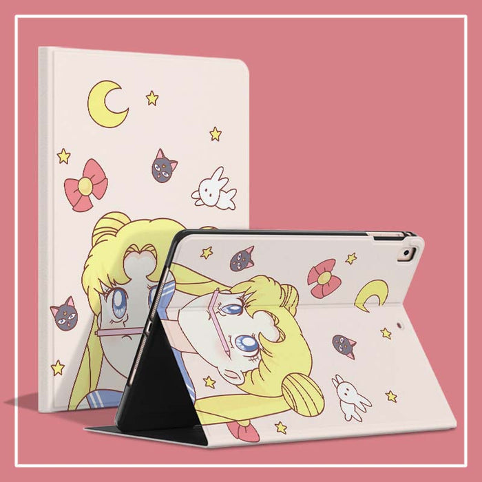 Cute iPad Cases with Smart Features: pale pink, yellow blonde anime girl character, kawaii cartoon anime style