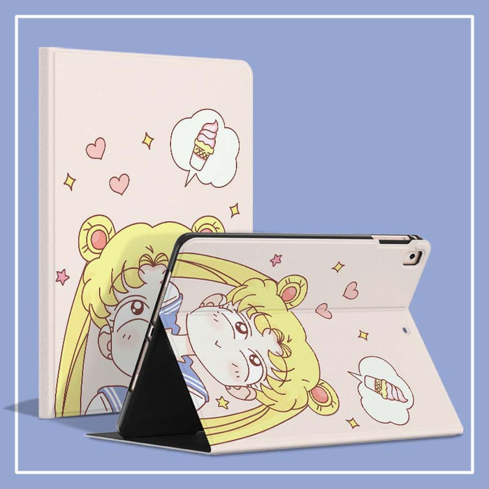 Cute iPad Cases with Smart Features: pale pink, yellow blonde anime girl character, kawaii cartoon anime style