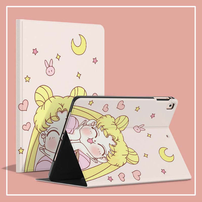 Cute iPad Cases with Smart Features: pale pink, yellow blonde anime girl character, kawaii cartoon anime style