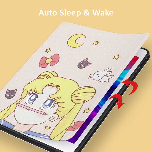 Cute iPad Cases with Smart Features: pale pink, yellow blonde anime girl character, kawaii cartoon anime style