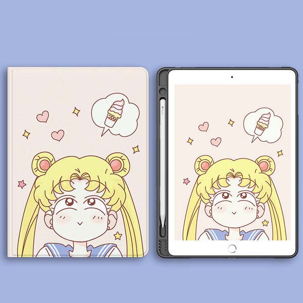 Cute iPad Cases with Smart Features: pale pink, yellow blonde anime girl character, kawaii cartoon anime style