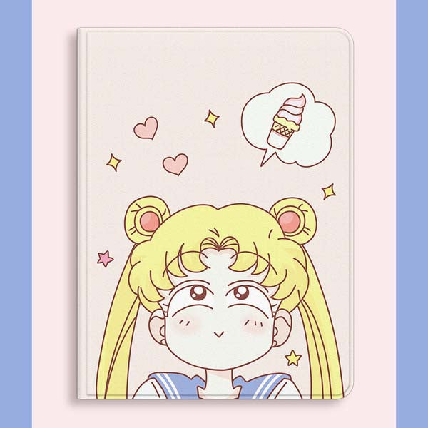 Cute iPad Cases with Smart Features: pale pink, yellow blonde anime girl character, kawaii cartoon anime style