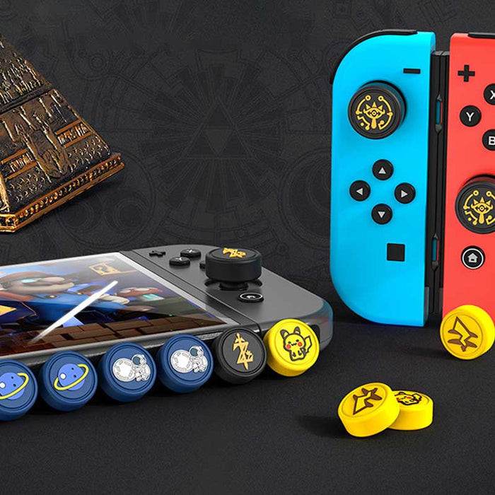 Cute Joystick Caps for Switch Accessories: yellow, black Pikachu and airplane symbols, cartoon, kawaii style