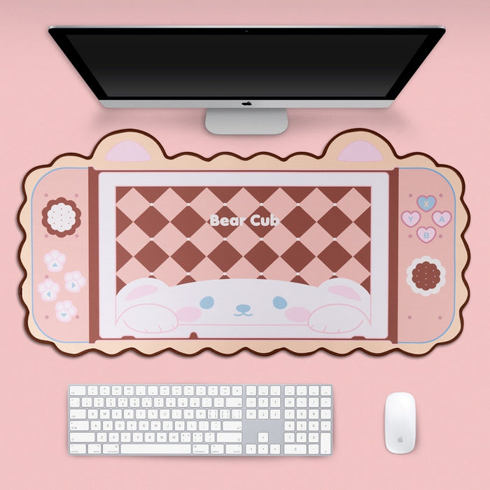 Cute Kawaii Gaming Desk Mat: pink, brown bear cub, kawaii cartoon style