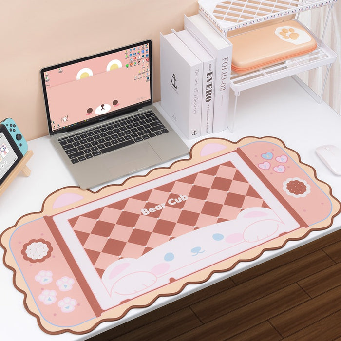 Cute Kawaii Gaming Desk Mat: pink, brown bear cub, kawaii cartoon style