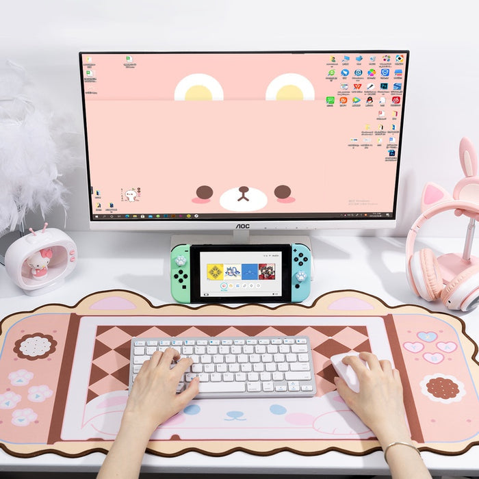 Cute Kawaii Gaming Desk Mat: pink, brown bear cub, kawaii cartoon style