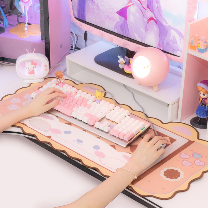 Cute Kawaii Gaming Desk Mat: pink, brown bear cub, kawaii cartoon style