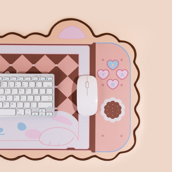 Cute Kawaii Gaming Desk Mat: pink, brown bear cub, kawaii cartoon style